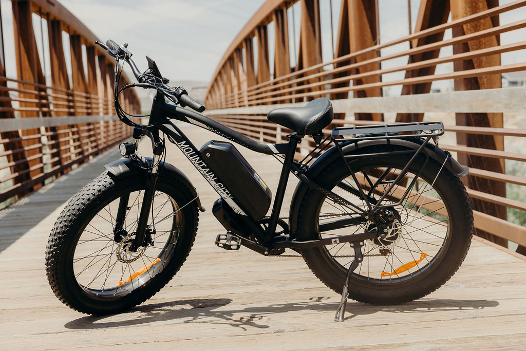 Electric bicycle, featuring a sleek frame, battery pack, and pedal-assist motor.